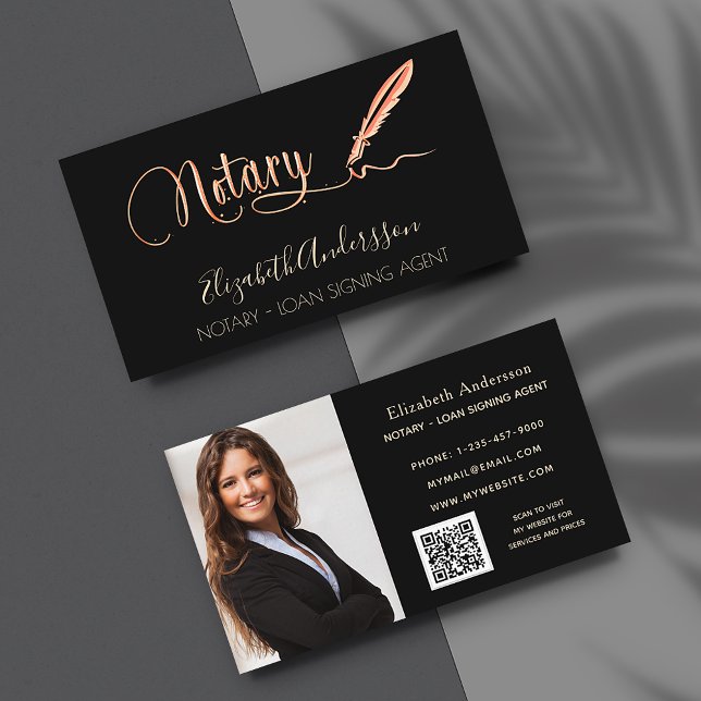 Notary loan signing agent black rose photo QR code Business Card (Creator Uploaded)