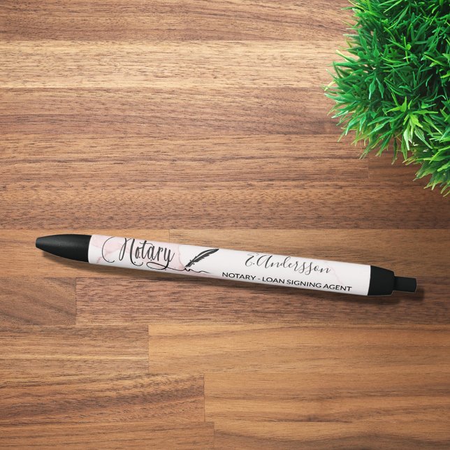 Notary loan signing agent blush pink marble black ink pen (Creator Uploaded)