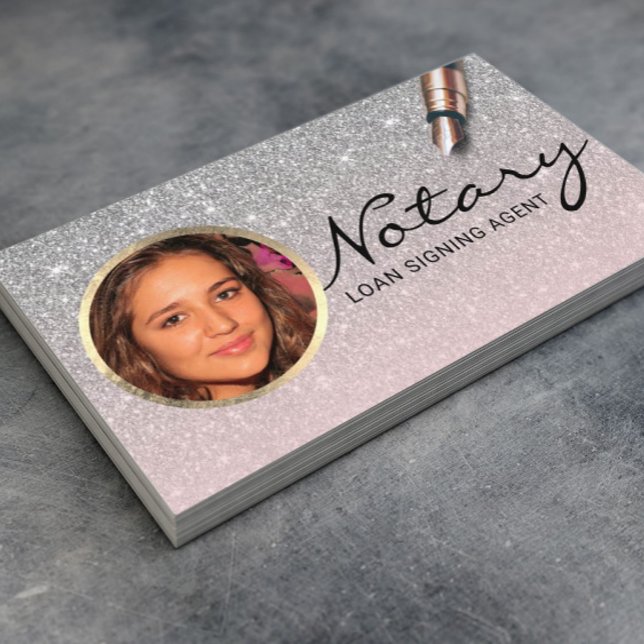 Notary Loan Signing Agent Blush Pink Silver Photo Business Card (Creator Uploaded)