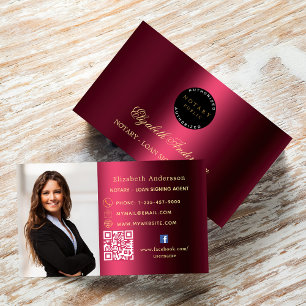 Notary loan signing agent burgundy photo QR logo Business Card