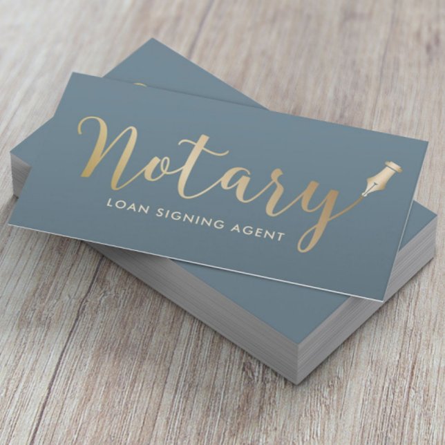 Notary Loan Signing Agent Dusty Blue & Gold Business Card (Creator Uploaded)