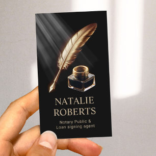 Notary Loan Signing Agent Gold Feather Pen Black Business Card