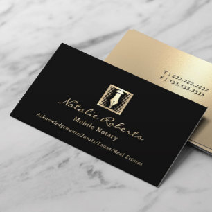 Notary Loan Signing Agent Gold Pen Nib Logo Black Business Card