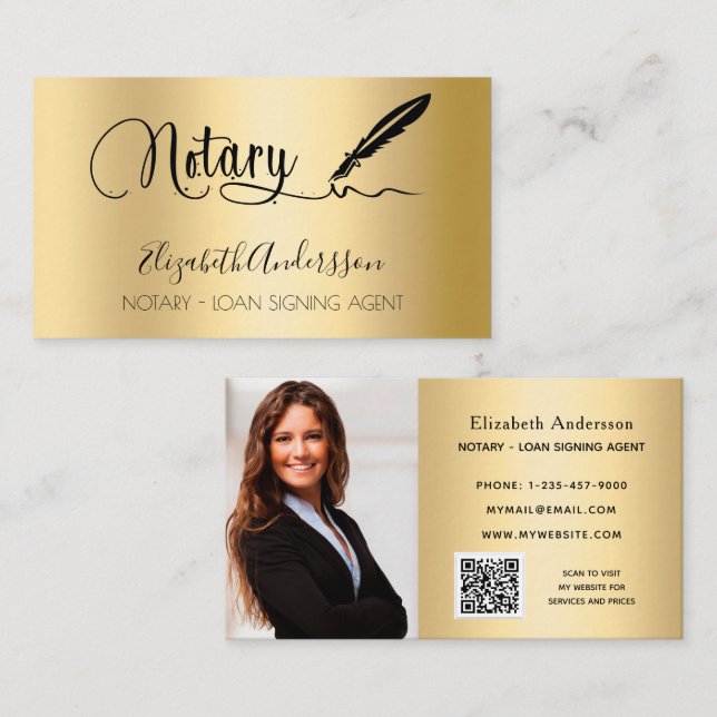 Notary loan signing agent gold photo QR code Business Card (Front/Back)