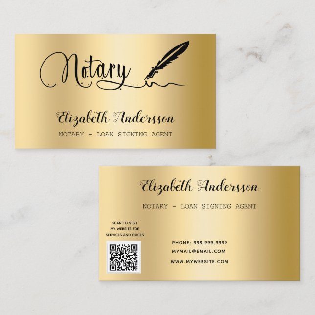 Notary loan signing agent gold QR code Business Card (Front/Back)
