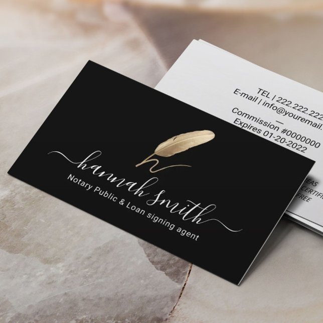 Notary Loan Signing Agent Gold Quill Logo Black Business Card (Creator Uploaded)