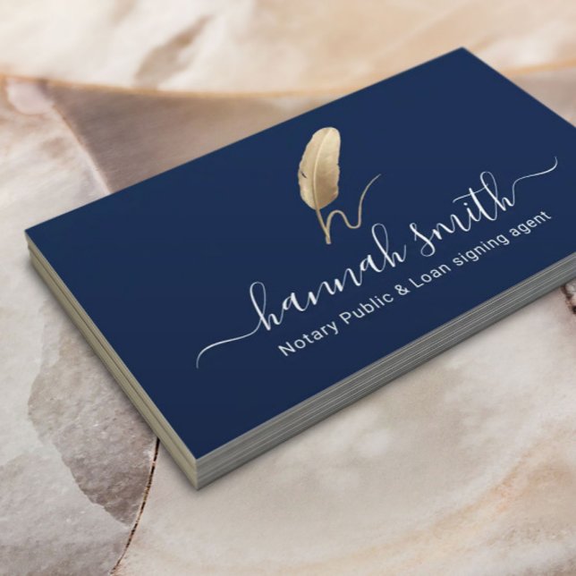 Notary Loan Signing Agent Gold Quill Logo Navy Business Card (Creator Uploaded)
