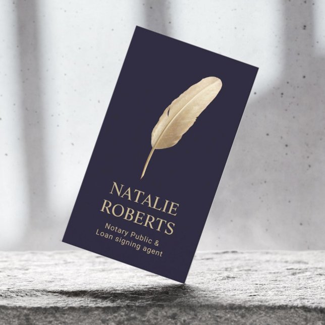 Notary Loan Signing Agent Gold Quill Pen Navy Business Card (Creator Uploaded)