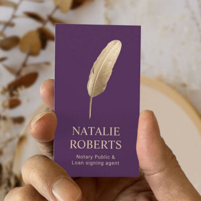 Notary Loan Signing Agent Gold Quill Pen Purple Business Card (Creator Uploaded)