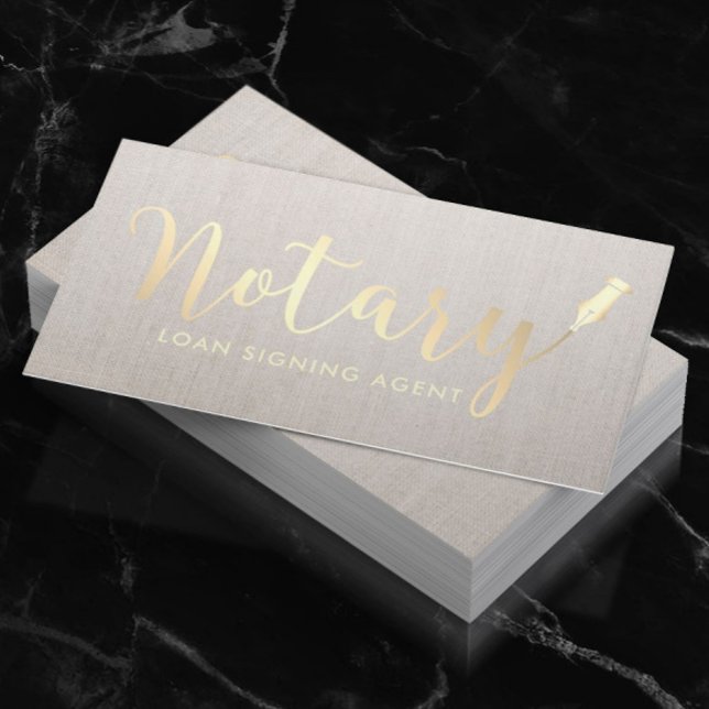 Notary Loan Signing Agent Gold Script Classy Linen Business Card (Creator Uploaded)