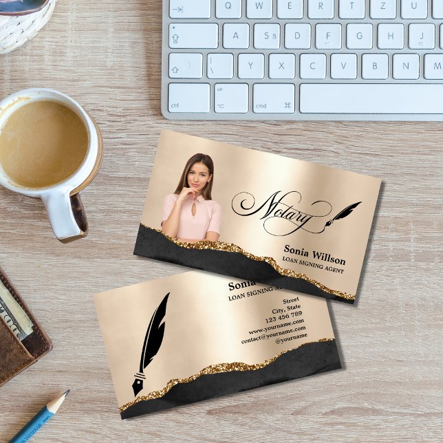 Notary Loan Signing Agent Modern Black Gold Photo Business Card (Creator Uploaded)