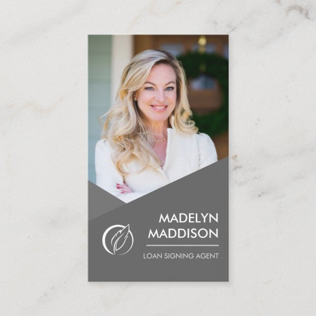 Notary Loan Signing Agent Modern Grey Photo Business Card (Front)