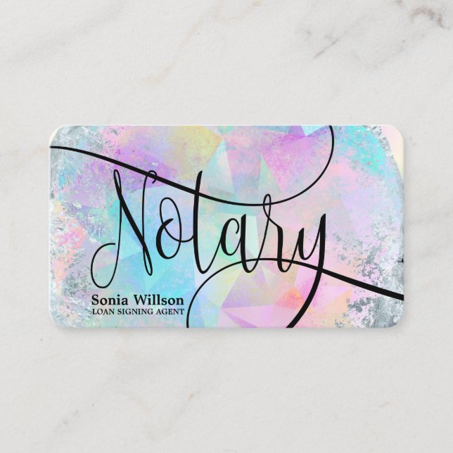 Notary Loan Signing Agent Modern Holographic Opal Business Card (Front)