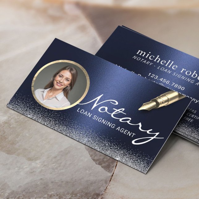 Notary Loan Signing Agent Modern Navy Blue Photo Business Card (Creator Uploaded)