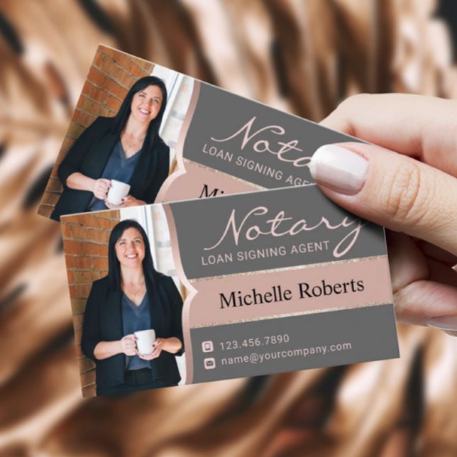 Notary Loan Signing Agent Modern Rose Gold Photo Business Card (Creator Uploaded)