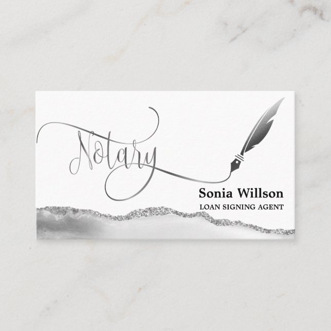 Notary Loan Signing Agent Modern Silver Agate Business Card (Front)