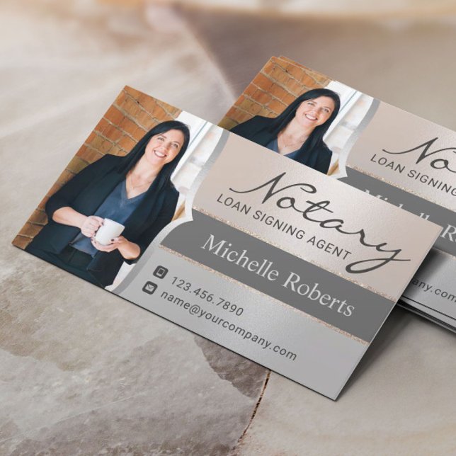 Notary Loan Signing Agent Modern Silver Photo Business Card (Creator Uploaded)