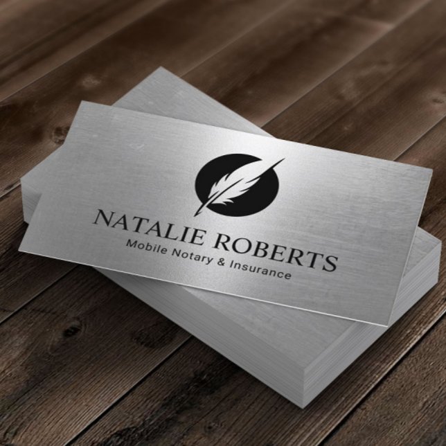 Notary Loan Signing Agent Modern Silver Quill Logo Business Card (Creator Uploaded)