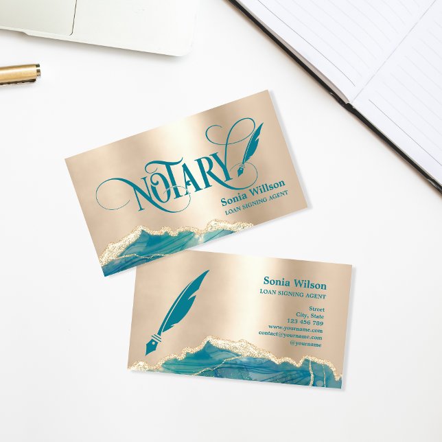 Notary Loan Signing Agent Modern Teal Agate  Busin Business Card (Creator Uploaded)