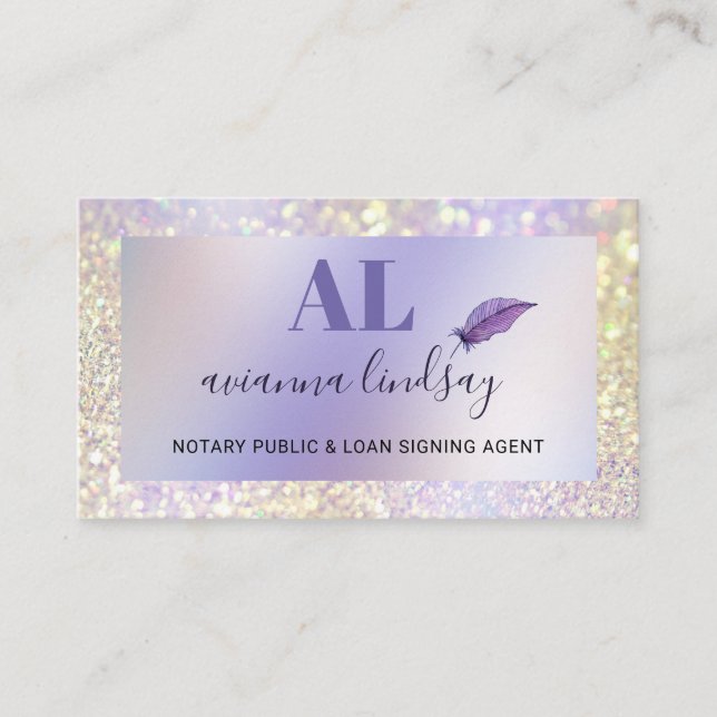 Notary Loan Signing Agent Monogram Purple Glitter Business Card (Front)