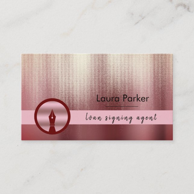 Notary Loan Signing Agent Nib Rose Gold Writer  Business Card (Front)