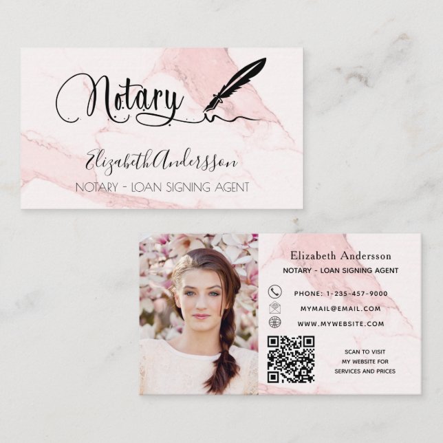 Notary loan signing agent pink marble photo QR Business Card (Front/Back)