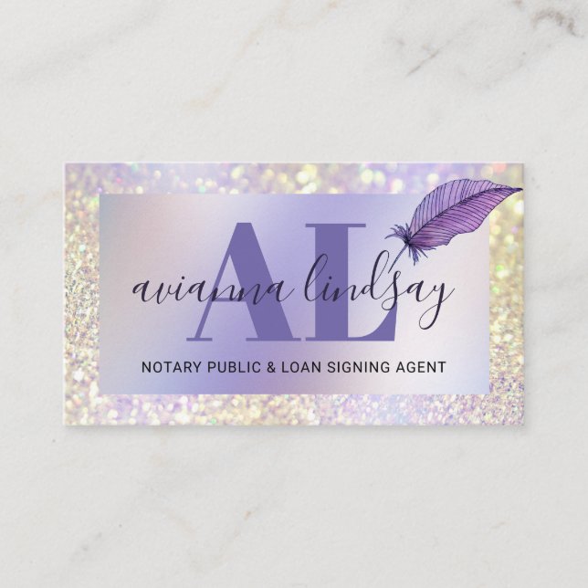 Notary Loan Signing Agent Purple Glitter Monogram  Business Card (Front)