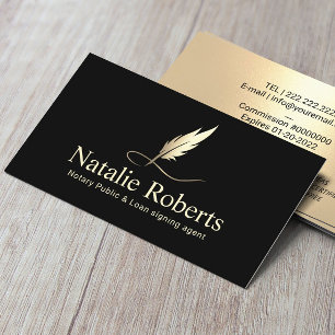 Notary Loan Signing Agent Quill Logo Black & Gold Business Card