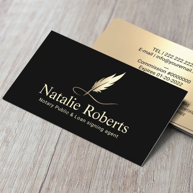 Notary Loan Signing Agent Quill Logo Black & Gold Business Card (Creator Uploaded)