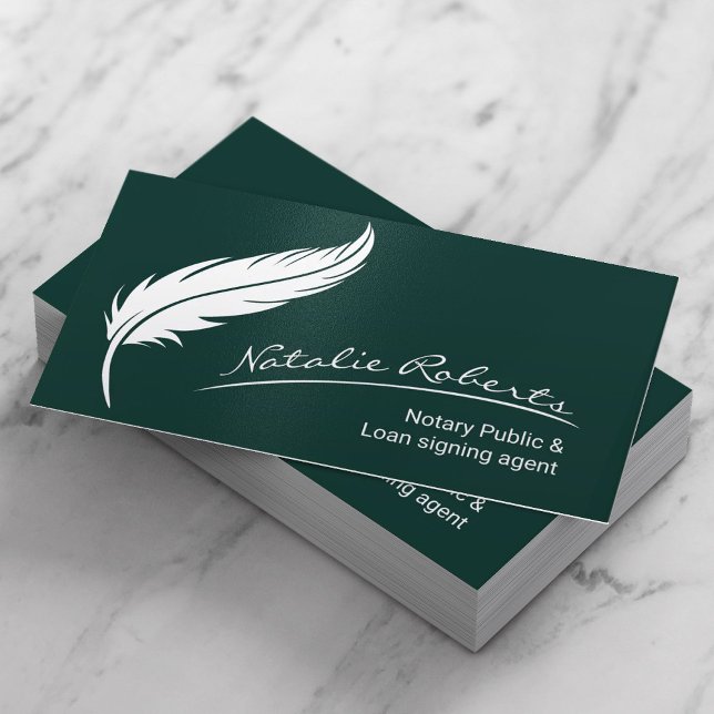 Notary Loan Signing Agent Quill Signature Green Business Card (Creator Uploaded)