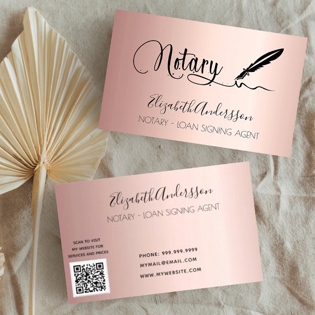 Notary loan signing agent rose gold blush QR code Business Card (Creator Uploaded)