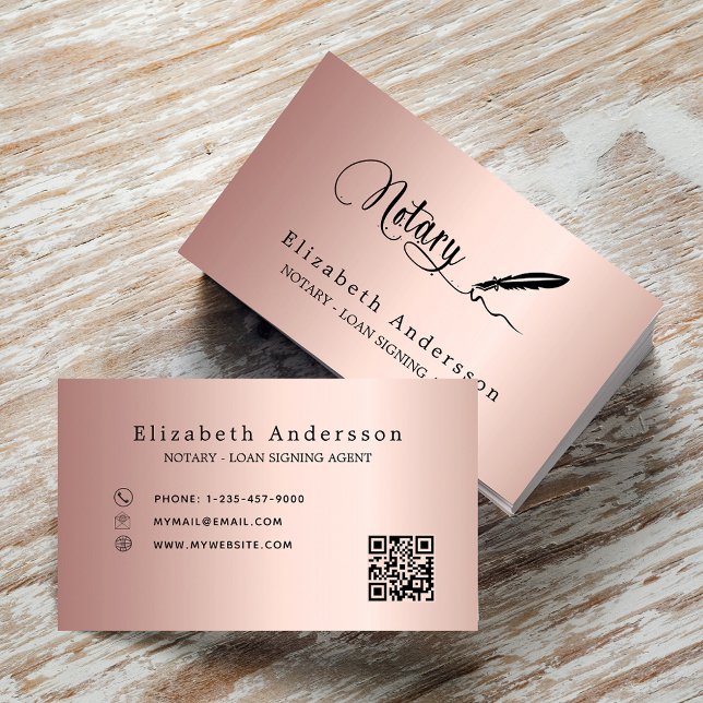 Notary loan signing agent rose gold blush QR code Business Card (Creator Uploaded)