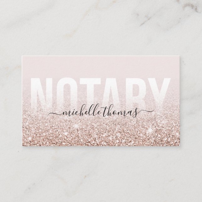 Notary Loan Signing Agent Rose Gold Glitter Business Card (Front)