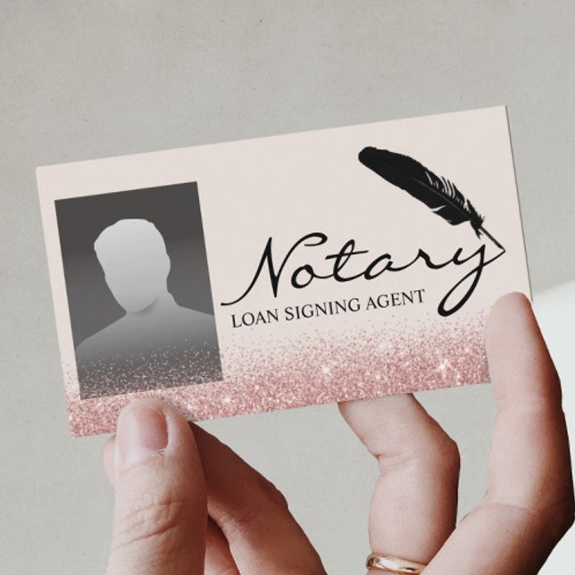 Notary Loan Signing Agent Rose Gold Glitter Photo Business Card (Creator Uploaded)