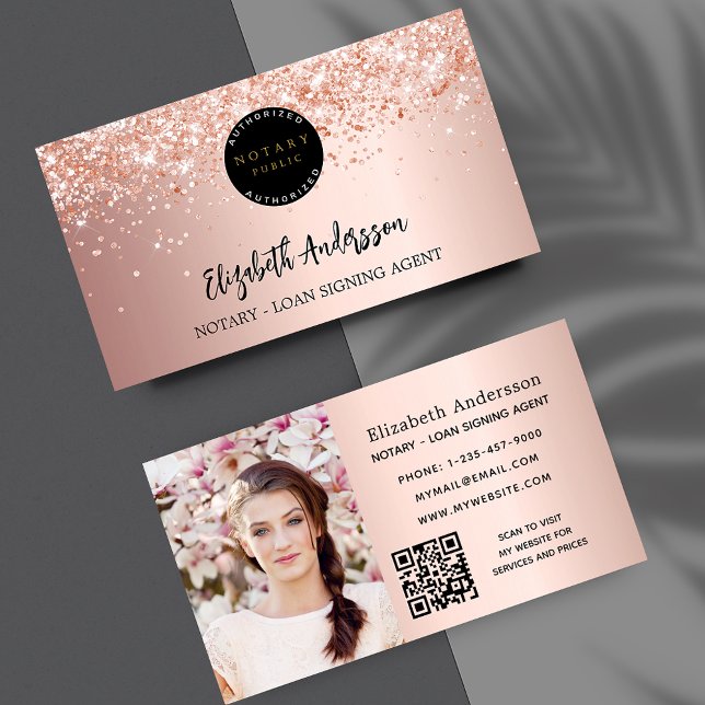 Notary loan signing agent rose gold photo QR logo Business Card (Creator Uploaded)
