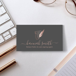 Notary Loan Signing Agent Rose Gold Quill Logo Business Card