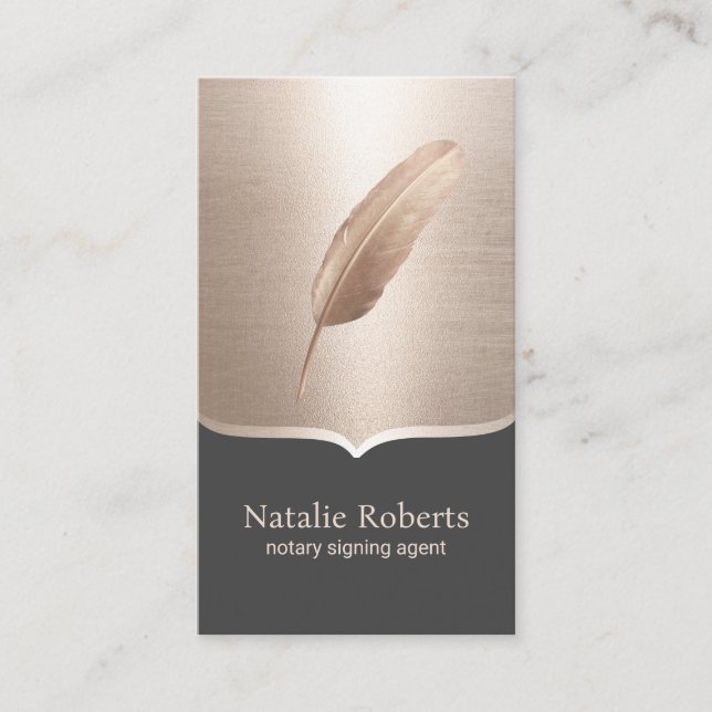 Notary Loan Signing Agent Rose Gold Quill Pen Business Card (Front)