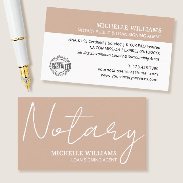 Notary Loan Signing Agent Script Logo Beige Business Card (Creator Uploaded)