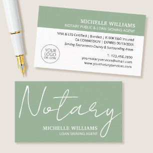 Notary Loan Signing Agent Script Logo Sage Green Business Card