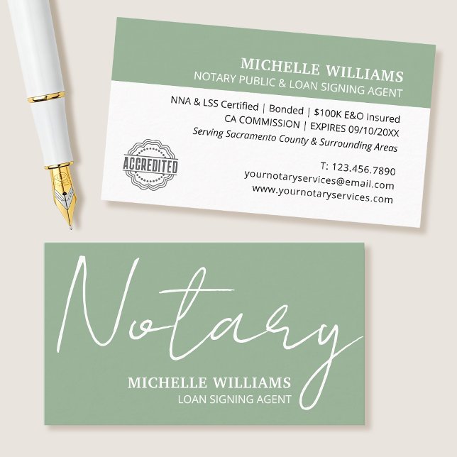 Notary Loan Signing Agent Script Logo Sage Green Business Card (Creator Uploaded)