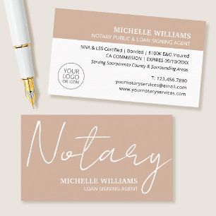 Notary Loan Signing Agent Script Logo Tan Business Card