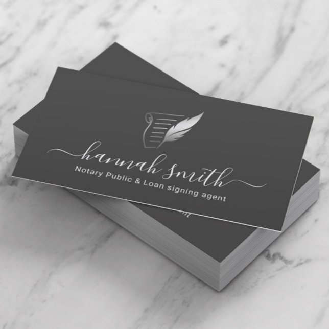Notary Loan Signing Agent Silver Quill Logo Grey Business Card (Creator Uploaded)