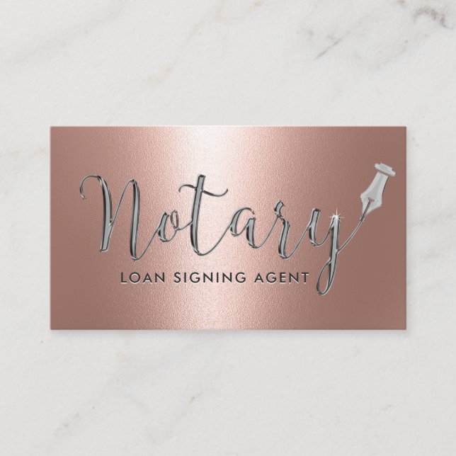 Notary Loan Signing Agent Silver Script Rose Gold Business Card (Front)