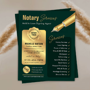 Notary Loan Signing Agent Stamp Green & Gold Logo Flyer