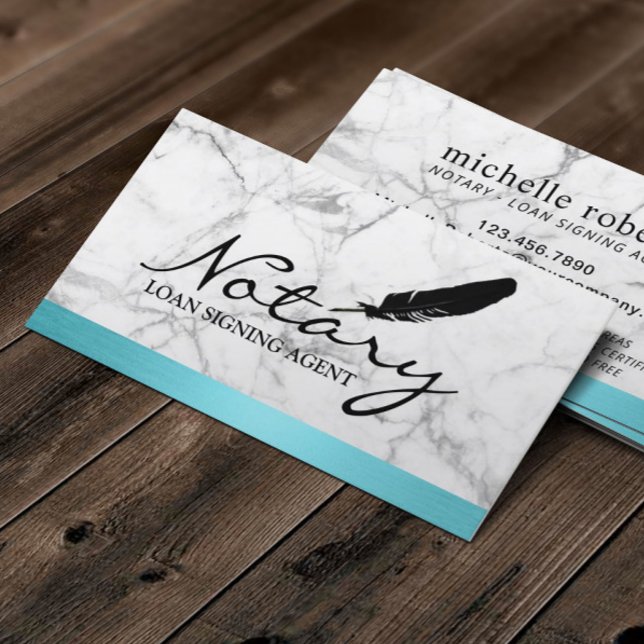 Notary Loan Signing Agent Turquoise Border Marble Business Card (Creator Uploaded)
