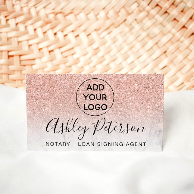 Notary logo typography marble rose gold glitter business card (Creator Uploaded)