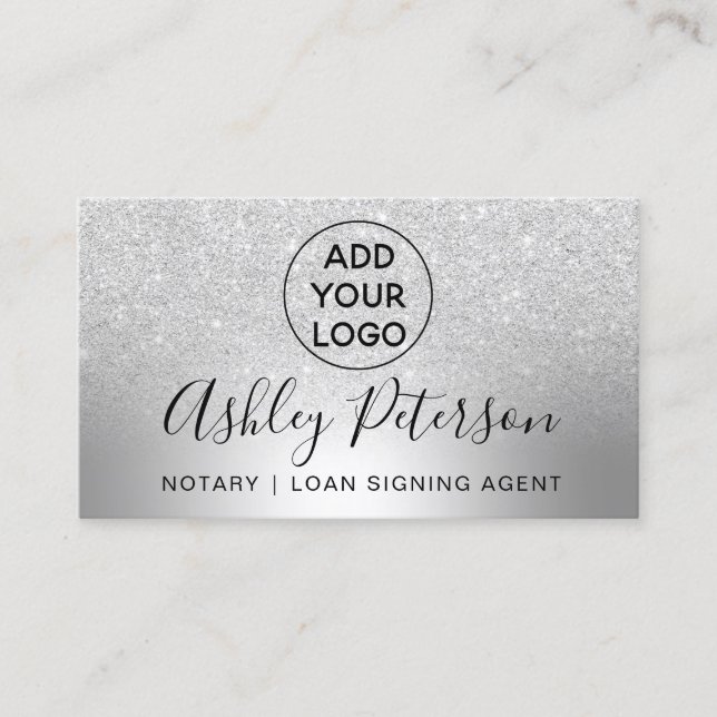 Notary logo typography metallic silver glitter business card (Front)