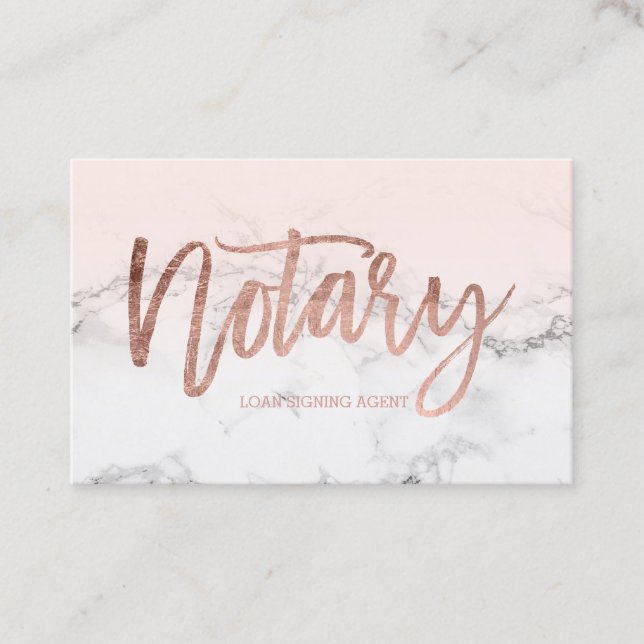 Notary marble rose gold typography blush business card (Front)