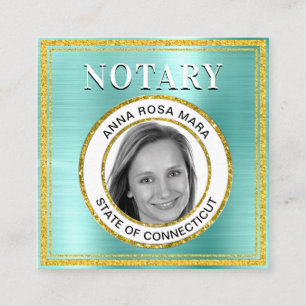 *~* NOTARY PHOTO METAL AQUA Signing Agent Square Business Card