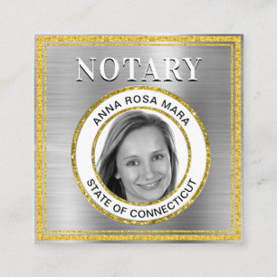 *~* NOTARY PHOTO METAL SILVER Signing Agent Square Business Card